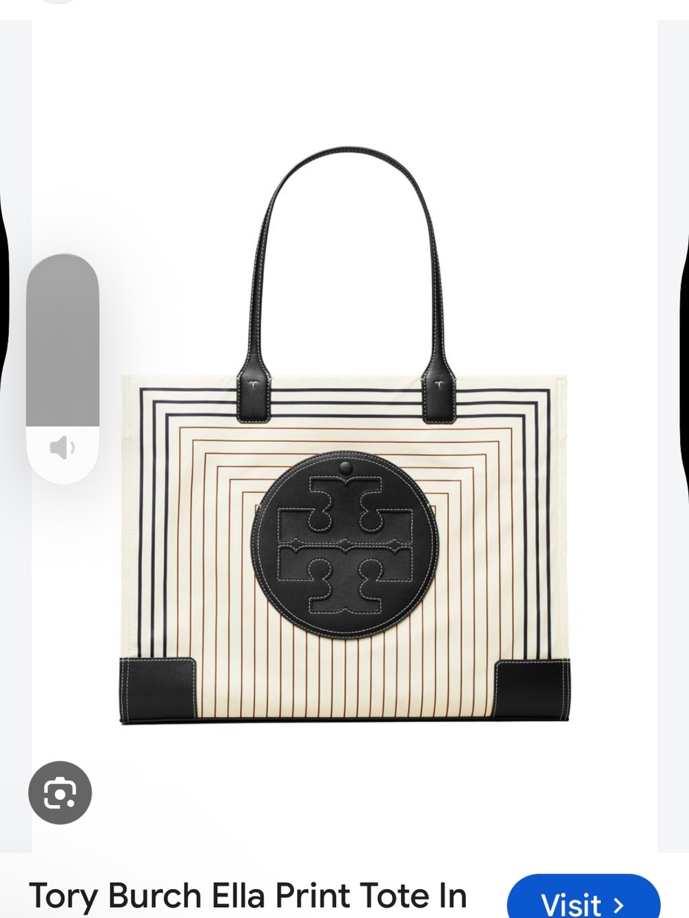 Tory Burch Black & Cream Ella Stripe Tote with Logo Patch